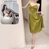 Vestido retro verde estilo francés con espalda casual atada, falda sexy con una textura de alta calidad para usar en casa