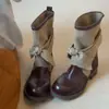 Primeiro Encontro Temporada Estilo Retrô Design de Nicho Outono/Inverno Moda Botas Ocidentais Femininas Laço Lona Curta no Tornozelo Botas de Cavaleiro