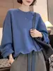 Sudadera Corta Azul con Dobladillo Ondulado Estilo Coreano para Mujer Moda Otoño 2026 Diseño Simple Suelto Prenda Exterior Superior