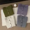 Cárdigan de punto trenzado morado y verde estilo retro coreano, suéter abrigo versátil de cuello redondo