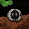 Anillo de cuatro puntas de alta gama plateado, moderno, con símbolo y circón negro, joyería vintage ajustable, directo del fabricante