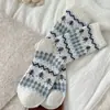 Meias femininas extra grossas de lã Xiaoshu Fair Isle, estilo outono e inverno, tema floresta retrô, meias longas quentes e felpudas