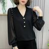 2025 Novo Decote V Solto Elegante Embelezado Look Emagrecedor Estilo Coreano Chiffon Redutor de Idade Cobrindo a Barriga Blusa Básica com Aplicações
