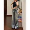Chao Li tem em estoque jeans de lavagem desgastada microflare feminino perna dupla comprimento elástico slim fit versátil valoriza calças de perna larga comprimento total