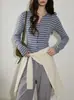 Suéter de punto a rayas color block retro con cuello en V y manga larga para mujer, primavera/otoño, estilo preppy, cárdigan sofisticado y adelgazante 10817