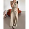 Conjunto de Duas Peças para Mulheres: Cardigan Colete de Tricô sem Mangas com Decote V Estilo Old Money e Calças Casuais de Cintura Alta com Barra Larga até o Chão - Nova Moda Verão 2026