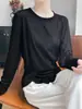 Camiseta Versátil de Manga Larga con Diseño de Nudo Retorcido, Top Delgado Asimétrico Plisado, Estilo Cuello Redondo para Mujer, Camisa Pequeña Camiseta