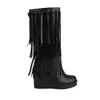 Botas com Salto Anabela Leve e Franjas Tamanhos 35-44 para Mulheres, Botas de Salto Ultra Alto até a Panturrilha para Mulheres Outono e Inverno, Tamanho Grande Transfronteiriço Bico Redondo Couro Envernizado
