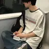 Marca Europeia e Americana Tendência Camiseta Pesada de Manga Curta Masculina Verão Estilo Americano Esportiva Gola Pequena Par Casal Solta Manga de Cinco Pontas Top