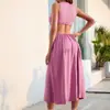 Marca Independiente Verano 2025 Nuevo Vestido Sexy de Cuello Halter Estilo Europeo y Americano con Cintura Descubierta, Atado, Color Sólido, Falda Amplia, Vestido de Dama de Honor