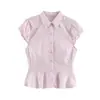 Atacado transfronteiriço 2026 estilo europeu e americano moda casual slim fit de botões únicos com listras e babados camisa para mulheres F612698