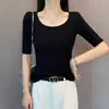 Camiseta Tricô com Fio Preto, Gola Redonda, Manga Média Feminina Primavera e Verão Slim-fit Camisa Base de Meia-manga com Top de Meia-manga Tendência