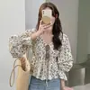 Blusa floral coreana de hombros descubiertos con diseño de cordón, estilizada y dulce para mujer