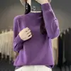 Suéter base de punto 100% lana sin costuras de una sola pieza estilo coreano con cuello semi-alto hueco, color liso, nuevo para otoño e invierno, para mujer
