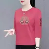 Roupa de mãe para meia-idade e idosos, novo estilo chinês, exportação transfronteiriça, camiseta de manga três quartos feminina, gola redonda, blusa estampada, blusa básica