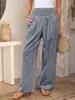 Amazon Tk2026 Calça de Linho de Algodão com Estampa Xadrez Estilo Europeu e Americano, Franzida na Cintura Média, Perna Larga com Cintura Elástica para Mulheres