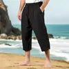 Novas Calças Capri Casuais de Verão Masculinas Amazon Transfronteiriças com Cordão na Cintura Multi-bolsos de Algodão e Linho Calças de Praia