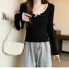 Camiseta Básica de Punto de Encaje Cuello Cuadrado para Mujer 2024 Nuevo Estilo Melard Ropa Interior Suéter con Lazo Bloqueo de Color Top de Cuello Bajo