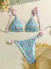 Nuevo Bikini Floral Plisado de Estilo Campestre Talla Grande con Escote Halter y Volantes en los Tirantes Traje de Baño de Dos Piezas para Vacaciones en la Playa Mujeres