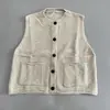 Colete de tricô gola redonda estilo minimalista para mulheres, cardigã sem mangas, colete de outono com botões, top respirável de caimento solto e versátil com bolsos