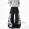 Jeans de Dobladillo Curvo con Estampado de Letras Estilo Streetwear Americano, Estilo Workwear Oscuro, Pantalones Largos Retro de Moda High Street