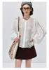 2026 Nanyou Blusa de Linho de Alta Qualidade Francesa com Manga Longa, Pregueada, Gola Redonda, Bordada e Vazada, com Pregas Sanfonadas
