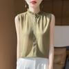 Camisola de punto de lana peinada para mujer, con encaje, cuello alto, sin mangas, holgada, con base interior