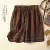 Pantalones de Algodón y Lino con Encaje Hueco Vintage de 8 Colores para Mujer, Cintura Elástica con Cordón, Pierna Ancha, Pantalones Cortos Casuales Cómodos, Cintura Alta