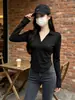 Camiseta polo de manga curta e longa para mulheres, outono e inverno, justa ao corpo, sexy, com barra em U, camisa básica de ombro normal para jovens