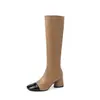 Botas súper elásticas para mujer, botas de corte ajustado, nuevos estilos de otoño/invierno, punta cuadrada, con bloques de color, de tacón alto grueso, que se ajustan a la pierna, hasta la rodilla