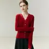 Nuevo Estilo Otoño/Invierno 2026 Cárdigan Delgado de Cachemir con Escote en V y Ribete de Encaje para Mujer, Suelto, Adelgazante, Versátil Suéter de Punto