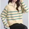 Otoño Invierno Transfronterizo Nuevo Estilo Media Cremallera Bloque de Color Raya Cuello Alto Tejido Suelto Jersey Sudadera Abrigo para Mujer