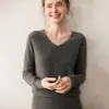 Camisa Clássica de Lã com Decote Coração para Mulheres Cor Sólida Simples Malha Camisa de Base Uma Linha Pronta para Vestir Suéter Sem Costura Manga Longa