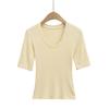 FS580-25 Primavera Novo Estilo Europeu e Americano INS Blogueira Decote U Elástico Cintura Justa Figura Manga Meia Camiseta
