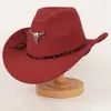 Sombrero de Vaquero del Oeste Americano para Hombres y Mujeres Cabeza de Toro de Metal Lana Ala Ancha Sombrero Retro de Caballero Sombrero de Copa
