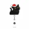 Natal Gatinho Preto Fofo Acrílico Glitter Retrátil Fivela Fácil de Puxar Adesivo de Tecido Rotativo Clipe de Crachá Fácil de Puxar