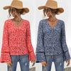 2024 Estación Independiente Amazon Ebay Wish Cuello en V Floral Manga Larga Mangas de Campana Holgada Camiseta 5655