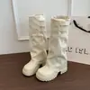 Botas de montaria femininas da moda com sola grossa, novas botas de cano alto estilo western Maillard para outono e inverno de 2026 com pernas de calça empilhadas