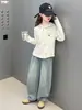Conjunto de Roupa de Primavera e Outono para Meninas: Moletom com Capuz e Zíper, Nova Camisa Básica Casual, Jeans, Calça Reta Solta