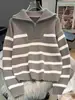 Suéter de Punto con Cremallera a Rayas de Bloques de Color de Comercio Exterior Otoño e Invierno para Mujer, Estilo Retro Perezoso, Abrigo de Suéter, Moderno y Versátil