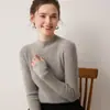 Camisa base 100% cashmere puro, novo estilo outono e inverno, gola semi-alta, caimento justo, suéter de malha pullover feminino canelado