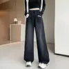 Calça Jeans Wide Leg com Cintura Elástica Outono e Inverno para Mulheres 2025 Novo Estilo Tamanho Plus Cintura Alta Solta Emagrecimento Comprimento Total