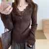 Suéter de Tricô Laranja com Acabamento em Renda para Mulheres no Outono, Estilo Francês Retrô, Macio e Preguiçoso, Inspirado em Dopamina, Super Estiloso
