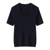 Camiseta de Punto Fina de Lana Nueva para Mujer, Primavera y Otoño, Cuello en U, Manga Corta, Color Sólido, Corte Delgado, Camiseta Básica