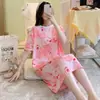 Pijama estilo coreano para mujer, verano, manga corta, largo, caricatura, lindo, simple, cara sonriente, se puede usar holgado, ins, ropa de casa holgada