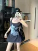 Vestido Falda Corta de Verano 2025 Nuevo para Mujer con Estampado de Gato Pequeño, Cuello en U, Chica Atrevida, Dos Formas de Usar, Moderno