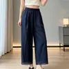 2026 Verão Novos Calças de Cintura Alta Wide Leg Femininas Cropped com Renda Afinando Versátil Casual Petite Azul Escuro