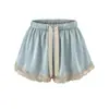 Shorts de Renda com Cetim Doce e Picante Verão Novo Cintura Elástica Cordão Solto Emagrecimento Reto Casual Hot Pants Feminino