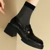 Estilo Piel de Vaca~Mocasines de Piel Genuina con Suela Gruesa para Mujer, Zapatos Slip-On para Primavera y Otoño, Zapatos de Tacón Alto Individuales, Zapatos de Piel Negros Estilo Británico