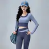 Set Especial de Pilates para Mujer Bloque de Color Falso Dos Piezas Top de Manga Larga Pantalones de Falda de Cintura Alta Elástico Adelgazante Se Puede Usar al Aire Libre